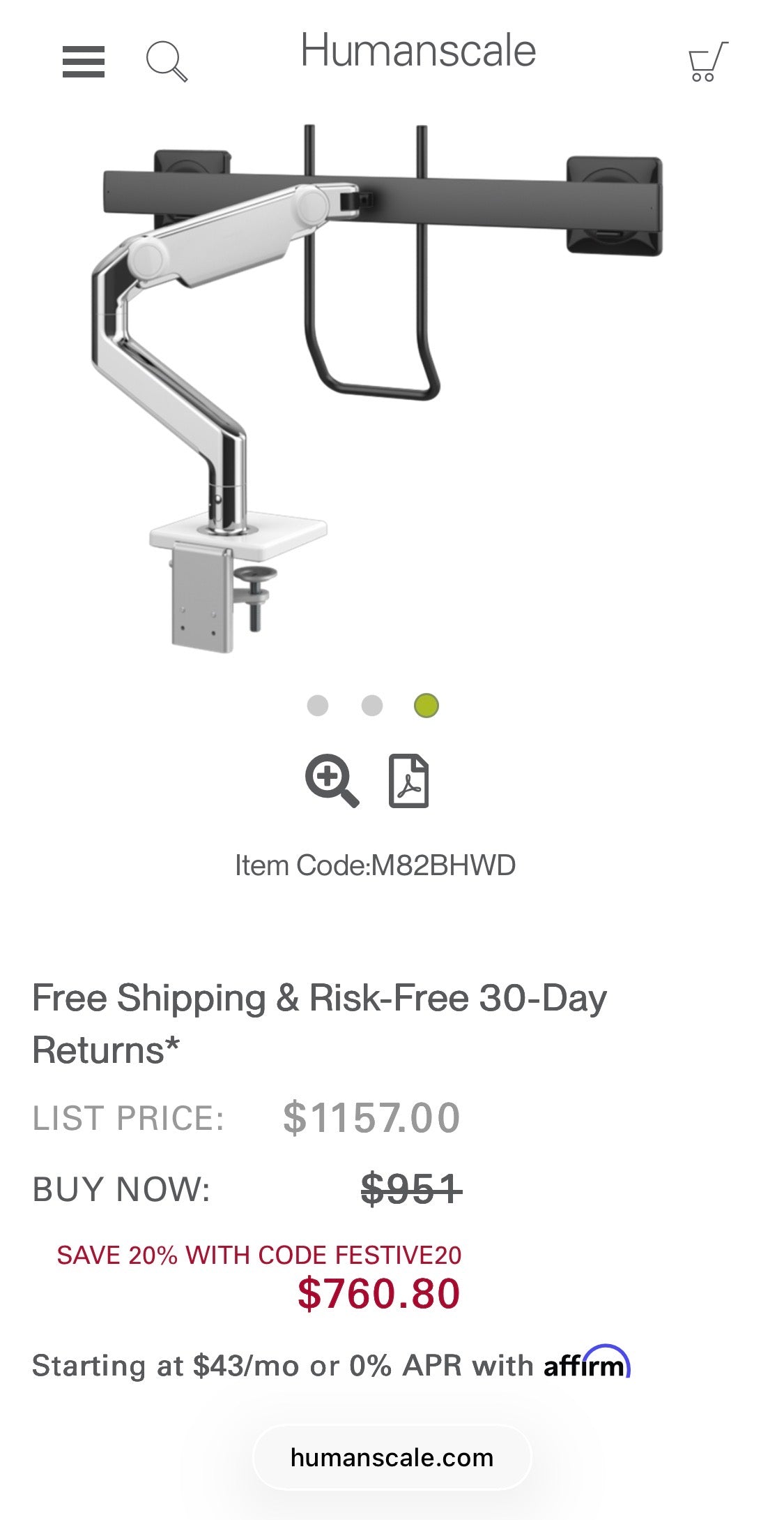 Humanscale M8.1 DUAL MONITOR ARM(28”), CROSSBAR WITH HANDLE, ANGLED/DYNAMIC LINKS