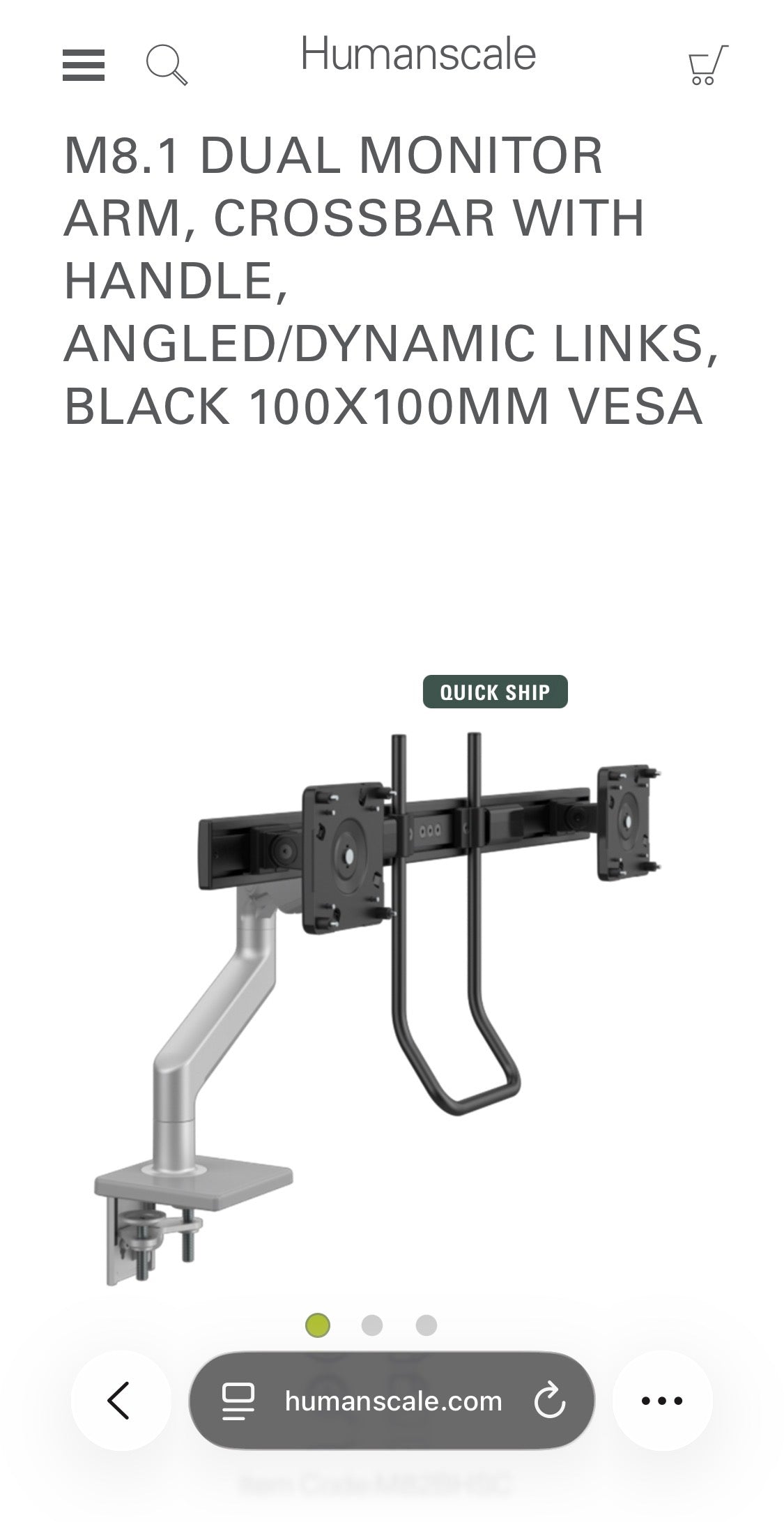 Humanscale M8.1 DUAL MONITOR ARM(28”), CROSSBAR WITH HANDLE, ANGLED/DYNAMIC LINKS